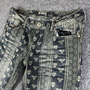 Y2K Premiere by rue21 Women's Flare Jeans 7/8 Boho Baroque Print Denim 2000s EUC